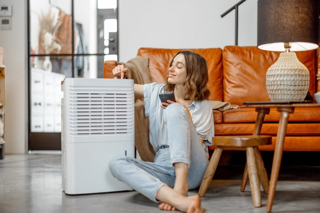 About Us 6 woman sitting near air purifier and moisturizer appliance
